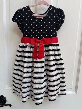 Ashley Ann Girls 4 Black & White Polka Dot and Striped Short Sleeve Formal Dress